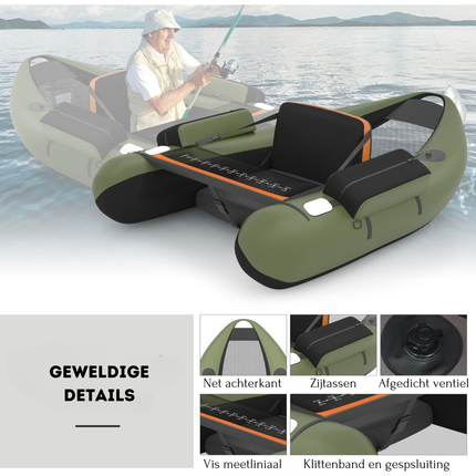 Trendmix Opblaasbare Belly Boat 136 x 105 cm – Lichtgewicht Visboot – Inclusief Peddel & Flippers – 160 kg Draagvermogen – Groen