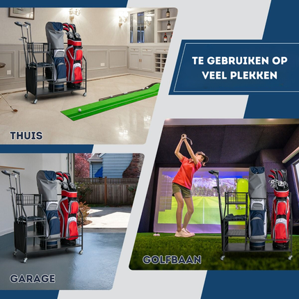 Trendmix Golftas opslagrek Metaal Zwart 95 cm x 40 cm x 94 cm - Garage Organizer Dubbele Golftas Standaard - 4 Universele Wielen Met Rem