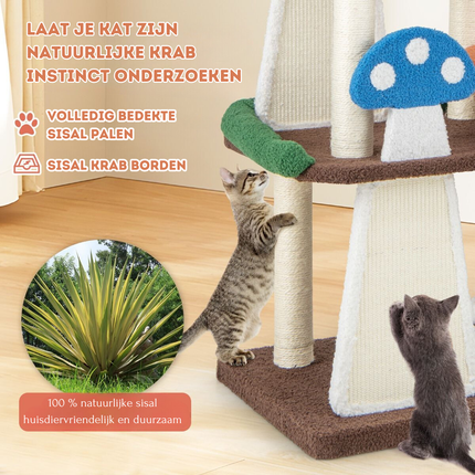Trendmix Krabpaal voor Katten Paddenstoellook 2 Platforms 69 x 49 x 146 cm – Kattenboom met Kattenmand – Sisal Krabplank en Speelbal
