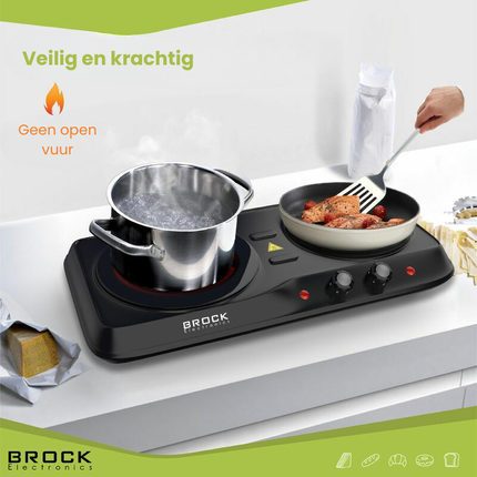 BROCK 2-Pits Infrarood Elektrische Kookplaat – 1200 + 800W – Glazen Platen – Compact & Krachtig – Zwart