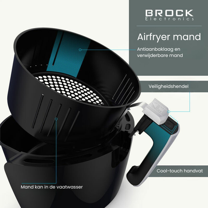 Brock Electronics Airfryer 3,5L – Heteluchtfriteuse zonder Olie – PFAS-vrij – 1300-1500W – Zwart – 6 Automatische Programma’s – Gezond Frituren – Compacte Airfryer voor Gezin of Single’s – Zwart