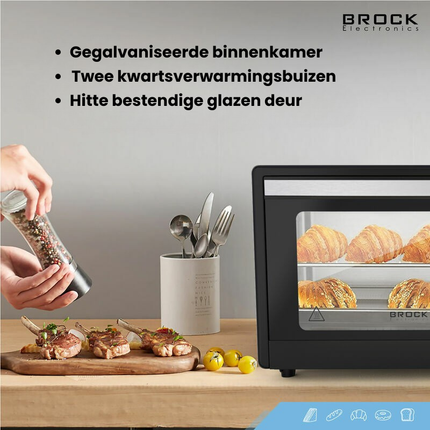 BROCK Elektrische Mini Oven 9L – Vrijstaande Compacte Oven – 650W – 100-230°C – Kleine Bakoven voor Camping of Keuken – Zwart