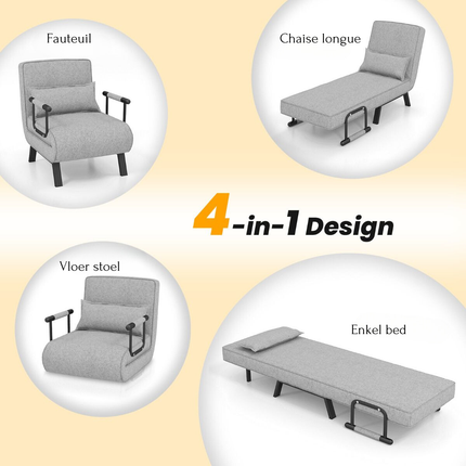 Trendmix 4-in-1 Slaapstoel Lichtgrijs – Inklapbare Slaapbank – Verstelbare Rugleuning – Slaapfauteuil 1 Persoon – Tot 150 kg Draagvermogen