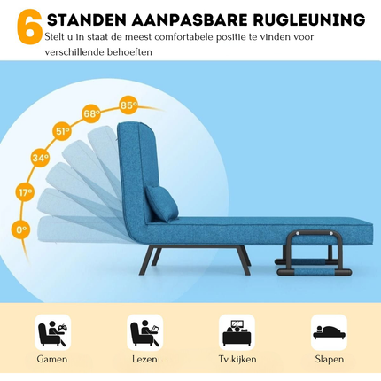 Trendmix 4-in-1 Slaapstoel Blauw – Inklapbare Slaapbank – Verstelbare Rugleuning – Slaapfauteuil 1 Persoon – Tot 150 kg Draagvermogen
