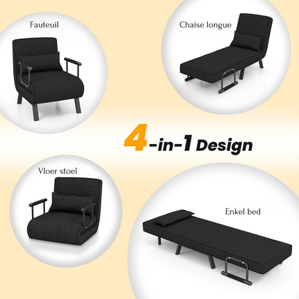 Trendmix 4-in-1 Slaapstoel Zwart – Inklapbare Slaapbank – Verstelbare Rugleuning – Slaapfauteuil 1 Persoon – Tot 150 kg Draagvermogen