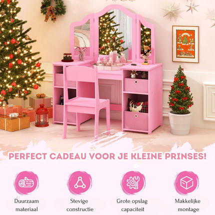 Trendmix 2 in 1 Kaptafel kind met Stoel En 3 Spiegels 104 x 40 x 117 cm Roze - Set voor Kinderen - Make-Up Tafel - Opmaaktafel