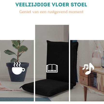 Trendmix Vloerstoel met 6-Traps Verstelbare Rugleuning – Meditatiestoel met Dikke Vulling – Zwart – Inklapbaar en Lichtgewicht