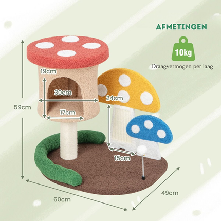 Trendmix Krabpaal Kat – Paddenstoellook – 60 x 49 x 59 cm – Kattenmand, Sisal Krabplank & Speelbal