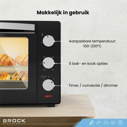 BROCK Elektrische Mini Oven 30L – Vrijstaande Convectie Oven met Grill – 1600W – Compacte Bakoven – Zwart