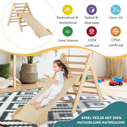 Trendmix 3 in 1 Houten Driehoek Klimrek Met Glijbaan - Montessori Klimdriehoek Met Klimplank - Natuurlijk Hout - Vanaf 1 Jaar - Maximaal 50 kg