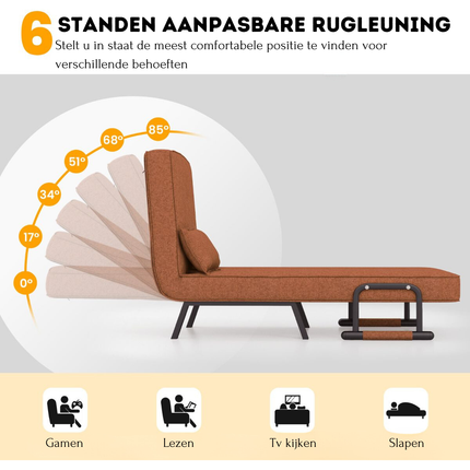 2de kansje Trendmix 4-in-1 Uitklapbare Slaapstoel Belastbaar Tot 150 kg Bruin/Koffie - Inklapbare Slaapbank Met 6 Standen Verstelbare Rugleuning - Modern Design Logeerbed - Slaapfauteuil