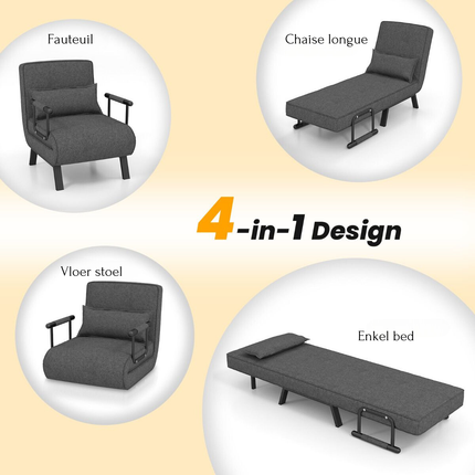 Trendmix 4-in-1 Slaapstoel Donkergrijs – Inklapbare Slaapbank – Verstelbare Rugleuning – Slaapfauteuil 1 Persoon – Tot 150 kg Draagvermogen