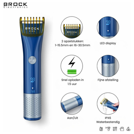 Brock Tondeuse & Trimmer voor Hoofd & Baard – Professionele Haartrimmer Mannen – Draadloos – Waterdicht IPX6 – LED Display – 60 Min Gebruik – Blauw