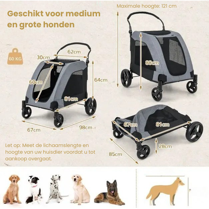 Trendmix Opvouwbare XXL Hondenbuggy Met Ademend Gaas En Opbergvakken - Voor Honden En Katten Tot 60 kg - 67 x 98 x 88 cm Grijs