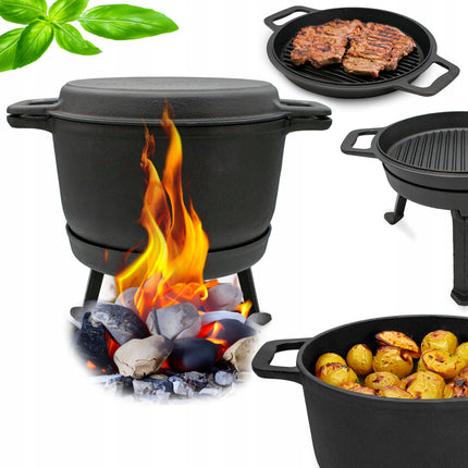Meyerhoff 2-in-1 Outdoor Dutch Oven 8L – Gietijzeren Ketel met Grilldeksel – Kampvuurpan Met Afneembare Poten – Voor Buiten Koken, BBQ & Jacht