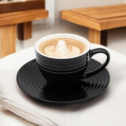 Bella Fiore Porseleinen Koffiekopjes Set – 6 Luxe Zwarte Kopjes met Schoteltjes – 220 ml – Geschenkdoos voor Koffieliefhebbers
