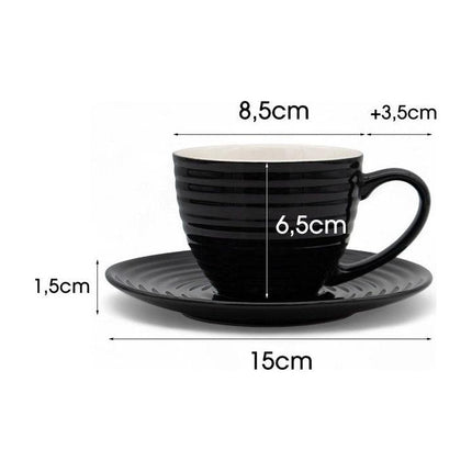 Bella Fiore Porseleinen Koffiekopjes Set – 6 Luxe Zwarte Kopjes met Schoteltjes – 220 ml – Geschenkdoos voor Koffieliefhebbers