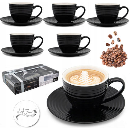 Bella Fiore Porseleinen Koffiekopjes Set – 6 Luxe Zwarte Kopjes met Schoteltjes – 220 ml – Geschenkdoos voor Koffieliefhebbers