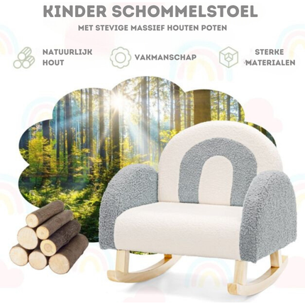 Trendmix Kinderschommelstoel Teddy Grijs – Schommelstoel Kind 3-5 Jaar – Ergonomisch & Zacht – Houten Onderstel – 50,8 × 49,5 × 50,8 cm