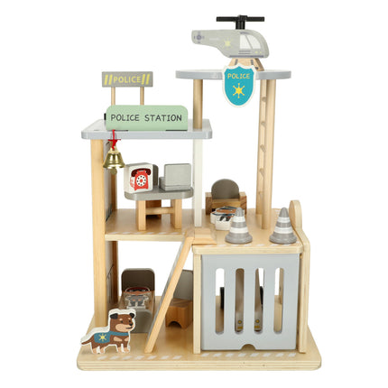 Houten Politiebureau met Auto en Helikopter – Educatief Montessori Speelgoed – Duurzame Speelset met 3 Verdiepingen