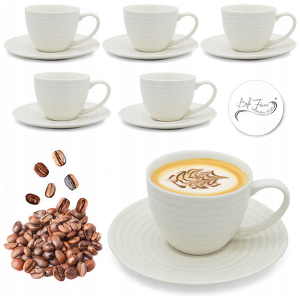 Bella Fiore Porseleinen Koffiekopjes Set – 6 Luxe Kopjes met Schoteltjes – 220 ml – Witte Cadeauset voor Koffieliefhebbers