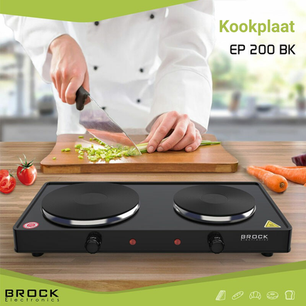 Brock Elektrische Kookplaat 2 Pits – 2500W – Compact Vrijstaand Fornuis Voor Thuis, Studio & Vakantie – Zwart