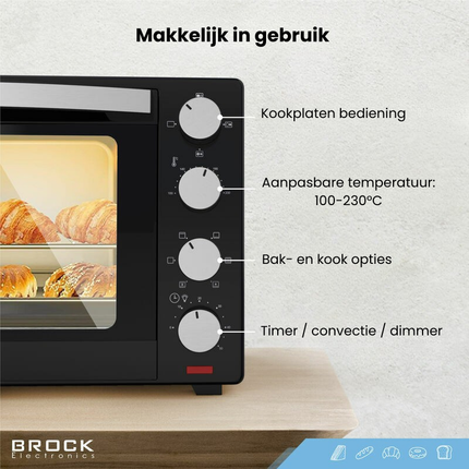 BROCK Elektrische Mini Oven 30L met 2 Kookplaten – Combi Convectieoven & Grill – 1600W – Vrijstaande Compacte Oven voor Keuken of Camping – Zwart