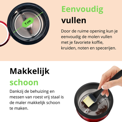 Brock Elektrische Koffiemolen Rood 150W – Voor Koffiebonen, Kruiden, Noten & Specerijen – Stil, Snel & BPA-vrij – RVS Mes