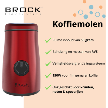 Brock Elektrische Koffiemolen Rood 150W – Voor Koffiebonen, Kruiden, Noten & Specerijen – Stil, Snel & BPA-vrij – RVS Mes