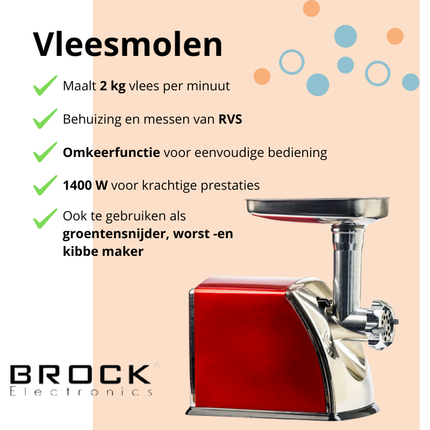 BROCK 3-in-1 Elektrische Vleesmolen 1400W – Professionele Gehaktmolen met RVS Behuizing & Accessoires – Rood