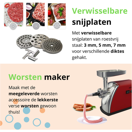 BROCK 3-in-1 Elektrische Vleesmolen 1400W – Professionele Gehaktmolen met RVS Behuizing & Accessoires – Rood