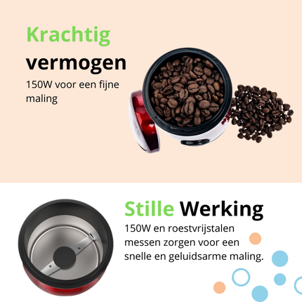 Brock Elektrische Koffiemolen Rood 150W – Voor Koffiebonen, Kruiden, Noten & Specerijen – Stil, Snel & BPA-vrij – RVS Mes