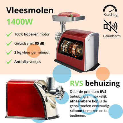 BROCK 3-in-1 Elektrische Vleesmolen 1400W – Professionele Gehaktmolen met RVS Behuizing & Accessoires – Rood