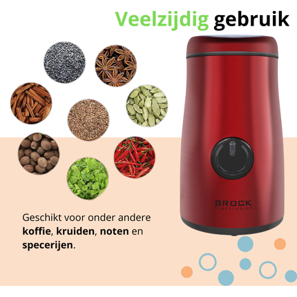 Brock Elektrische Koffiemolen Rood 150W – Voor Koffiebonen, Kruiden, Noten & Specerijen – Stil, Snel & BPA-vrij – RVS Mes