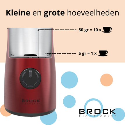 Brock Elektrische Koffiemolen Rood 150W – Voor Koffiebonen, Kruiden, Noten & Specerijen – Stil, Snel & BPA-vrij – RVS Mes