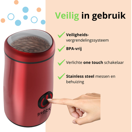 Brock Elektrische Koffiemolen Rood 150W – Voor Koffiebonen, Kruiden, Noten & Specerijen – Stil, Snel & BPA-vrij – RVS Mes