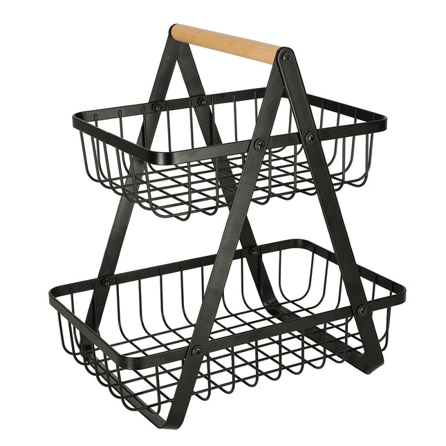 Trendmix 2-laags fruitschaal – Zwart metaal met houten handvat – Etagère – Groente- en fruitmand – Organizer voor keuken, badkamer & woonkamer