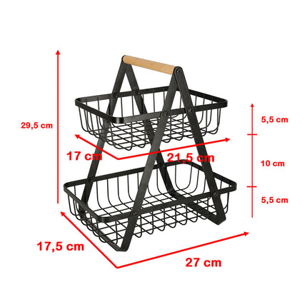 Trendmix 2-laags fruitschaal – Zwart metaal met houten handvat – Etagère – Groente- en fruitmand – Organizer voor keuken, badkamer & woonkamer