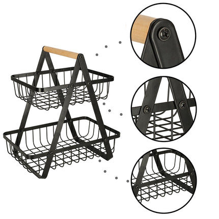 Trendmix 2-laags fruitschaal – Zwart metaal met houten handvat – Etagère – Groente- en fruitmand – Organizer voor keuken, badkamer & woonkamer