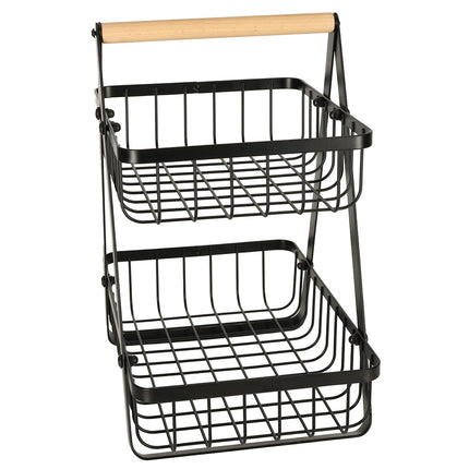 Trendmix 2-laags fruitschaal – Zwart metaal met houten handvat – Etagère – Groente- en fruitmand – Organizer voor keuken, badkamer & woonkamer