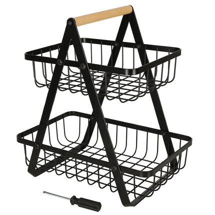 Trendmix 2-laags fruitschaal – Zwart metaal met houten handvat – Etagère – Groente- en fruitmand – Organizer voor keuken, badkamer & woonkamer