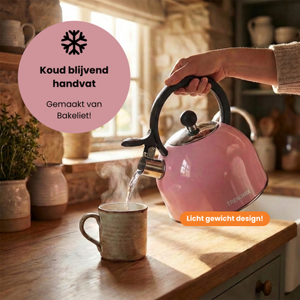 Trendmix Fluitketel Roze 2,5 Liter – Lichtgewicht RVS – Cool-Touch Handvat – Geschikt Voor Inductie, Gas En Alle Warmtebronnen