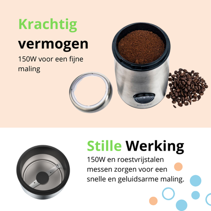 Brock Elektrische Koffiemolen 150W Zilver – Voor Koffiebonen, Kruiden, Noten & Specerijen – Stil, Snel & BPA-vrij – RVS Mes