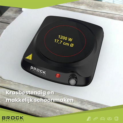 BROCK 1-Pits Infrarood Elektrische Kookplaat – 1200W Compact Kooktoestel met Temperatuurregeling – Zwart – Ø17,7 cm