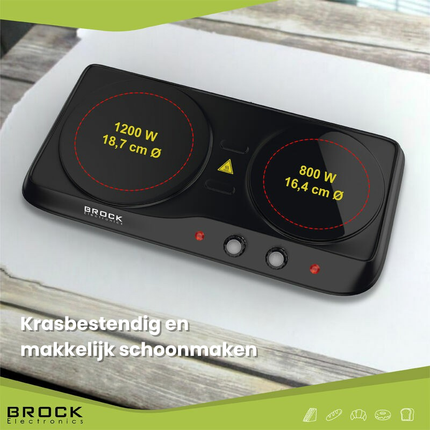 BROCK 2-Pits Infrarood Elektrische Kookplaat – 1200 + 800W – Glazen Platen – Compact & Krachtig – Zwart