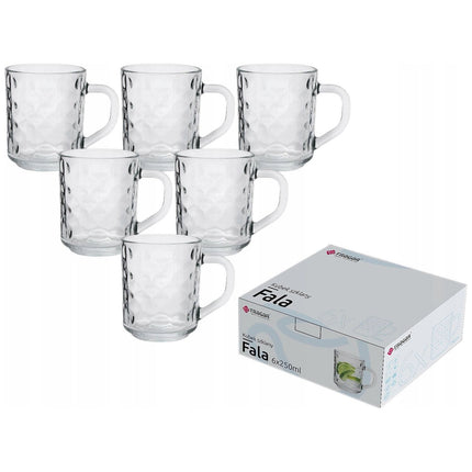 Tragar Theeglazen Set van 6 – 250 ml – Wave Motief – Dikke Glazen met Handvat – Transparant