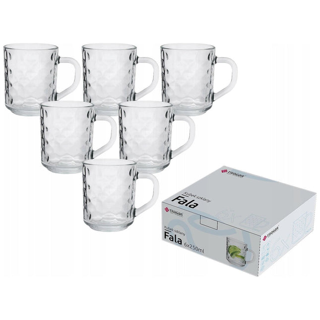 Tragar Theeglazen Set van 6 – 250 ml – Wave Motief – Dikke Glazen met Handvat – Transparant
