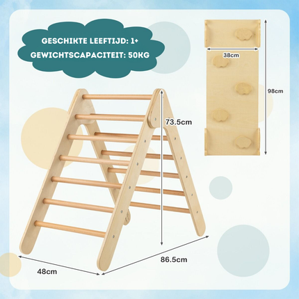 Trendmix 3 in 1 Houten Driehoek Klimrek Met Glijbaan - Montessori Klimdriehoek Met Klimplank - Natuurlijk Hout - Vanaf 1 Jaar - Maximaal 50 kg