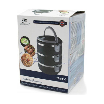 Meyerhoff Thermische Lunchbox 3 Lagen – 2100 ml – RVS Bento Box – Stapelbaar & Lekvrij – Met Handvat & Ventiel – Zwart