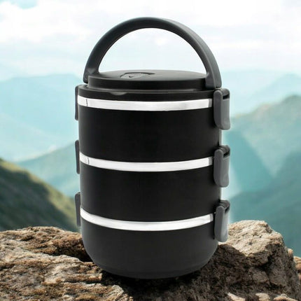 Meyerhoff Thermische Lunchbox 3 Lagen – 2100 ml – RVS Bento Box – Stapelbaar & Lekvrij – Met Handvat & Ventiel – Zwart